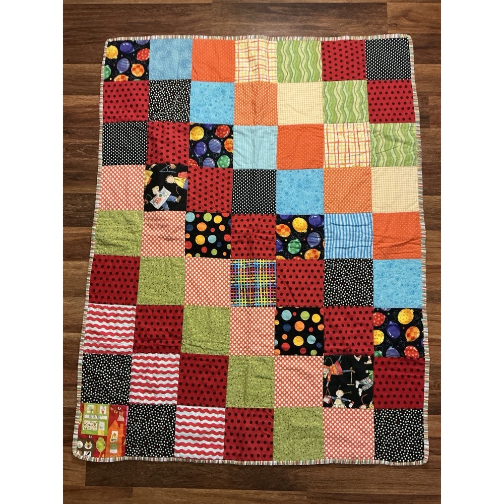Handmade Vibrant Patchwork Quilt Colorful Patterned Squares 46in X 35in